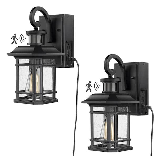 JAZAVA Black Motion Sensing Weather Resistant Outdoor Hardwired Wall Lantern Scone with Seeded Glass Shade No Bulbs Included