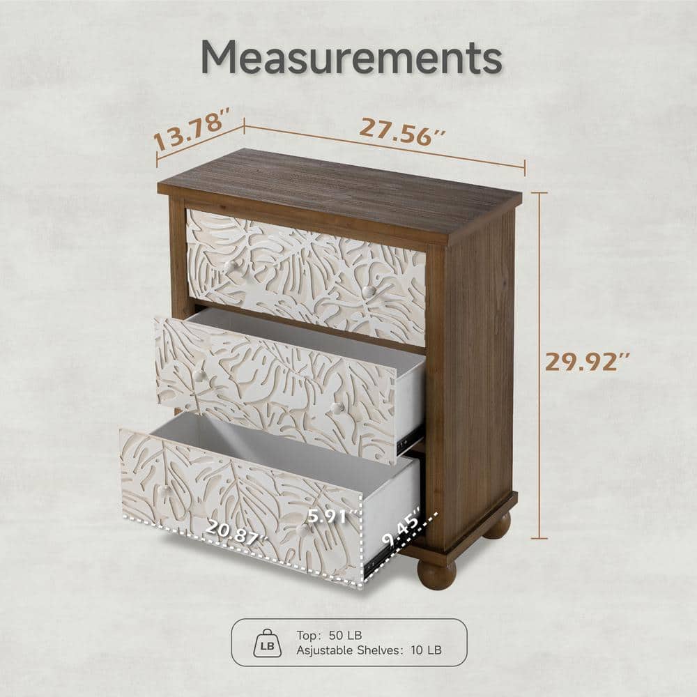 Rustic Farmhouse White and Brown Fir Wood 3-Drawer Dresser