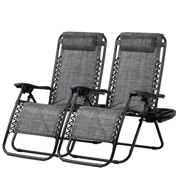 Oyezvary Zero Gravity Adjustable Lounge Chair Metal Reclining Beach Chair with Pillow and Cup Holder Set of 2 (Gray)