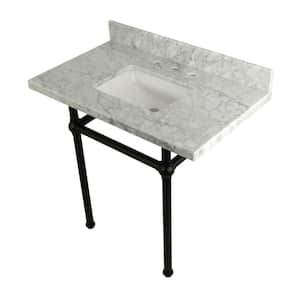 Square Sink Washstand 36 in. Console Table in Carrara with Metal Legs in Matte Black