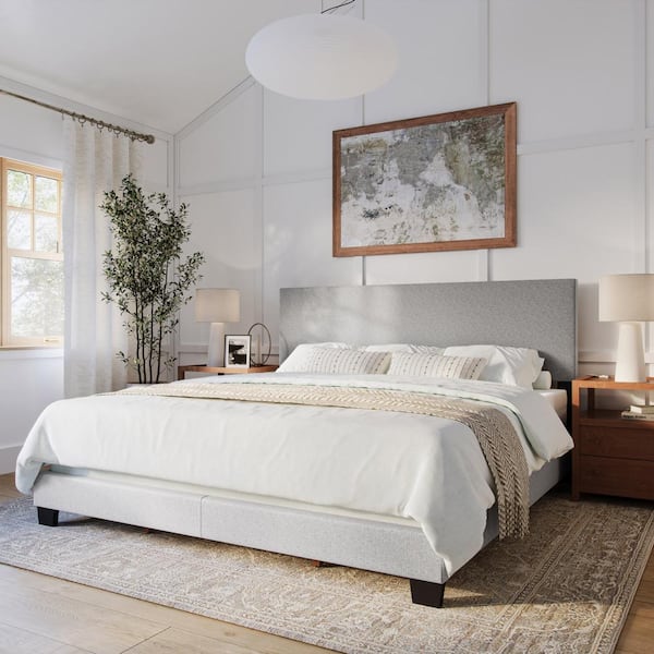 CorLiving Celeste Light Gray Upholstered Wood King Panel Bed Frame