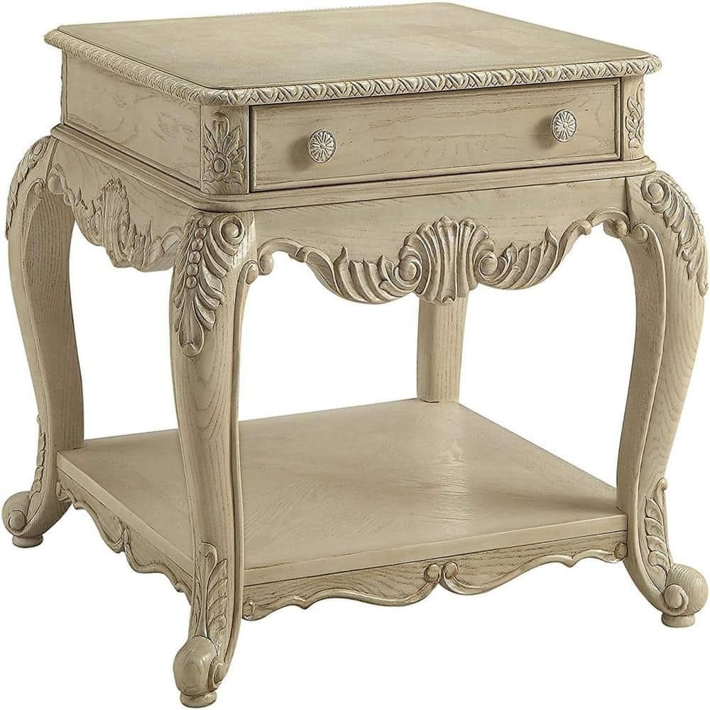 26 in. Ivory Rectangle Wood End Table with Storage Drawer for Convenience