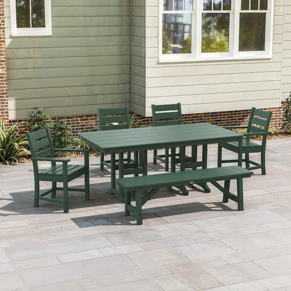 POLYWOOD Grant Park 6-Piece Farmhouse Plastic Outdoor Dining Set with Bench in Green