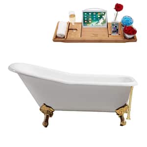 66 in. Cast Iron Clawfoot Non-Whirlpool Bathtub in Glossy White with Polished Gold Drain And Polished Gold Clawfeet