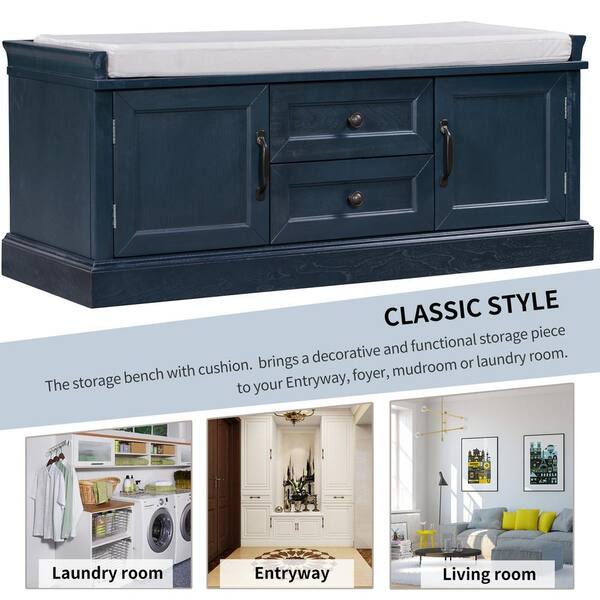 ANBAZAR Navy Blue Wood Entryway Storage Cushioned Shoe Bench