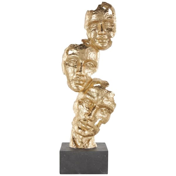 Litton Lane Gold Polystone Stacked Face Cutout Mask Sculpture with Black Block Base