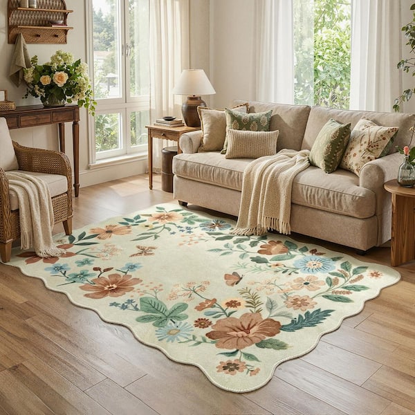 Washable Farmhouse Floral Print Wave-Shaped Non Slip Beige Living Room Entryway 4 ft. x 6 ft. Area Rug