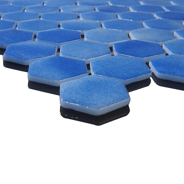 Glass Tile LOVE Familiar Blue 11 in. X 16.325 in. Hex Glossy Glass Mosaic Tile for Walls, Floors and Pools