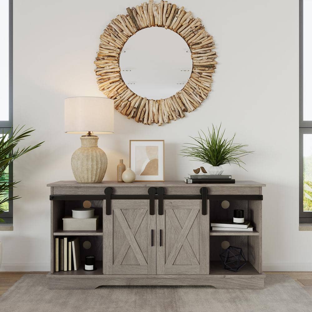 Gray Woodgrain 65-inch TV Stand with Cabinets and Metal Hardware