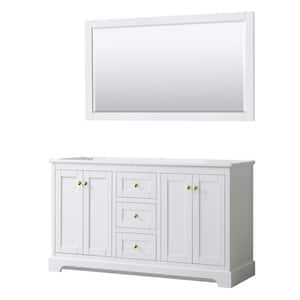Avery 59.25 in. W x 21.75 in. D x 34.25 in. H Bath Vanity Cabinet without Top in White with Gold Trim & 58 in. Mirror