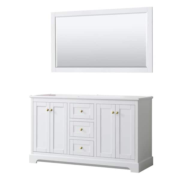 Wyndham Collection Avery 59.25 in. W x 21.75 in. D x 34.25 in. H Bath Vanity Cabinet without Top in White with Gold Trim & 58 in. Mirror