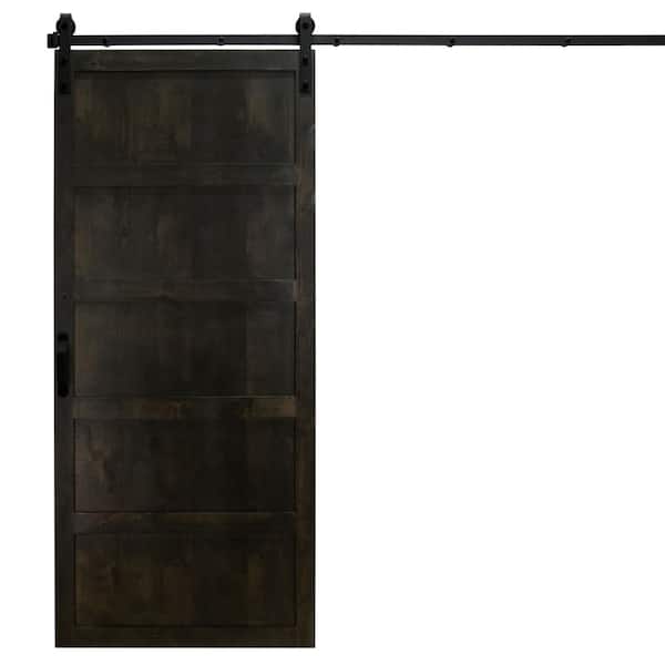 Dogberry Collections 36 in. x 84 in. 5-Panel Midnight Black Alder Wood Interior Sliding Barn Door Slab with Hardware Kit