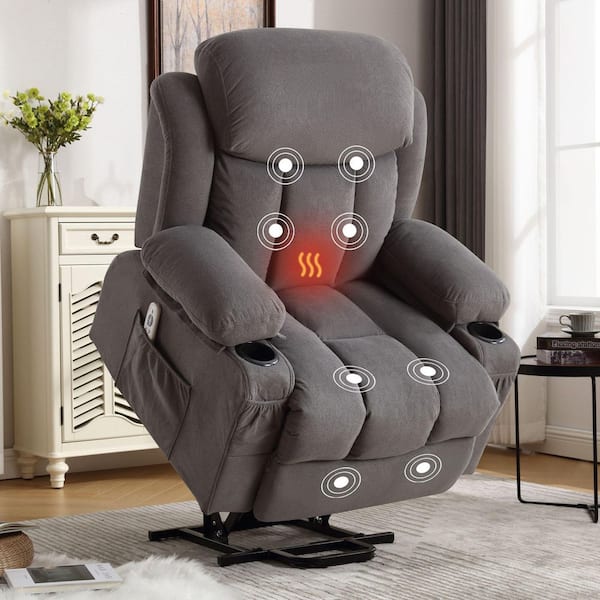 J&E Home Light Gray Polyester Power Lift Massage Recliner Chair with USB Charge Port