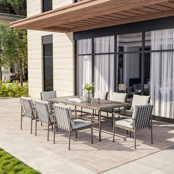 EGEIROSLIFE Sleek Line 9-Piece Aluminum Rectangular Outdoor Dining Set with Light Gray Cushions