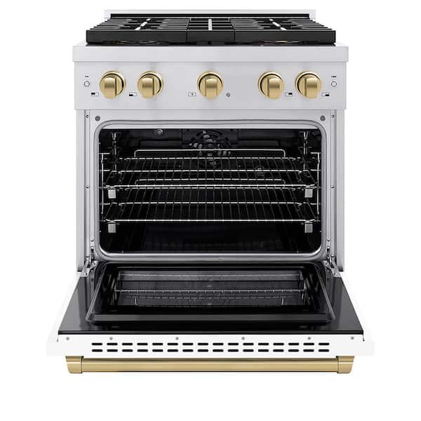 Autograph 30 in. 4.2 cu. ft. Dual Fuel Range with 4 Burner Cooktop and Oven in Stainless with White Matte and Champagne