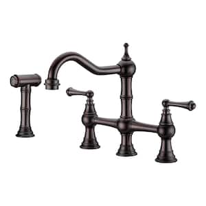 Double Handle Bridge Kitchen Faucet with Brass Side Sprayer in Bronze, 4-Holes Kitchen Faucet