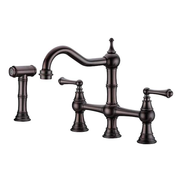 Flynama Double Handle Bridge Kitchen Faucet with Brass Side Sprayer in Bronze, 4-Holes Kitchen Faucet