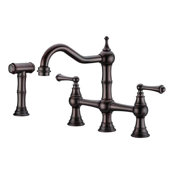 Flynama Double Handle Bridge Kitchen Faucet with Brass Side Sprayer in