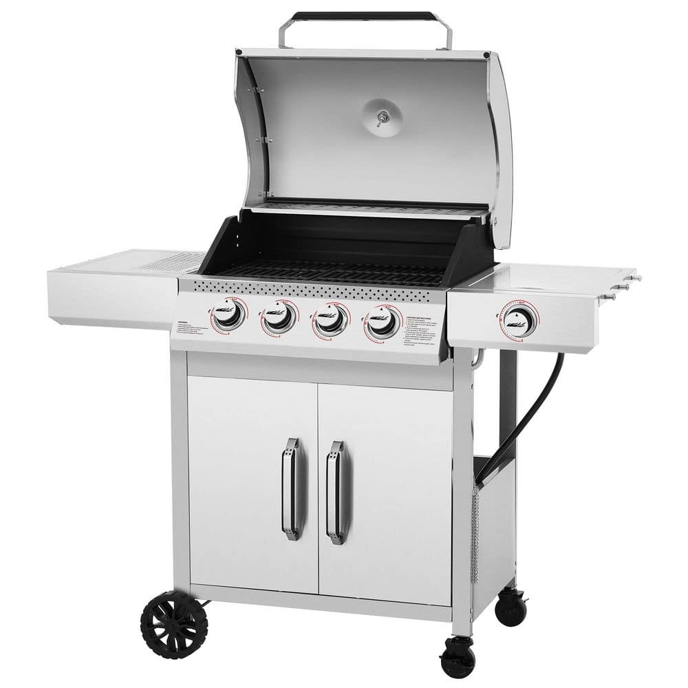 4-Burner Propane Gas Grill with Side Burner, Electronic Ignition, Cabinet-Style Cart Frame, for Backyard Cooking, Silver