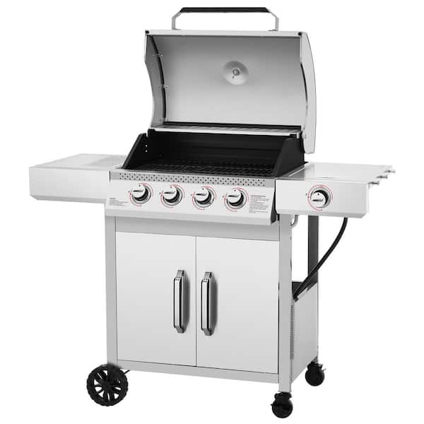 4-Burner Propane Gas Grill with Side Burner, Electronic Ignition, Cabinet-Style Cart Frame, for Backyard Cooking, Silver