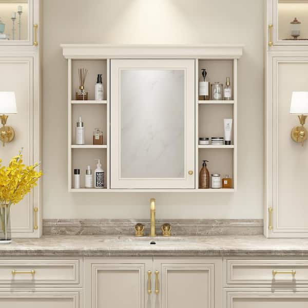 DELUXE DL LIVING 35 in. W x 28 in. H Rectangular Beige Wood Bathroom Medicine Cabinet with Mirror, Soft Close Door, Easy Hang, Open Shelf