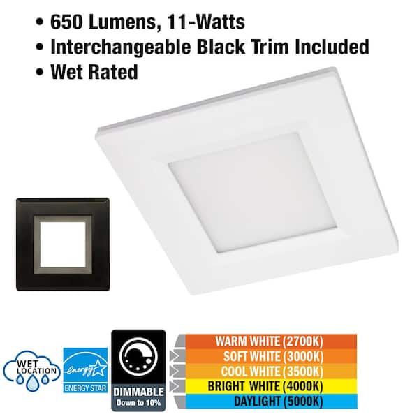 4 in. Square Canless Adjustable CCT Integrated LED Recessed Light with Night Light Feature & Black Trim Option (4-Pack)