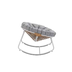 White Frame Metal Round Outdoor Rocking Chair with Light Grey Cushions