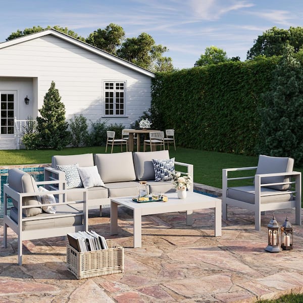 4-Piece Aluminium 5-Seat Outdoor Patio Conversation Set with Light Gray Cushions