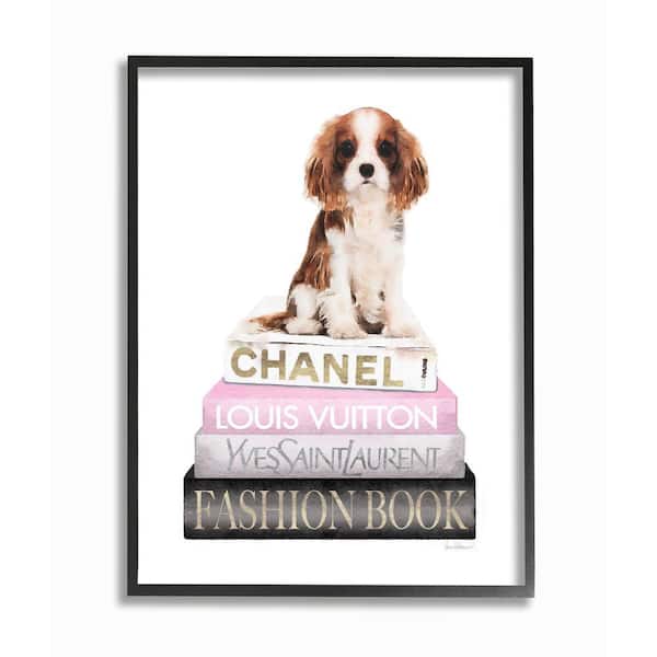 Stupell Industries "Resting Spaniel Puppy and Iconic Fashion Bookstack" by Amanda Greenwood Framed Animal Wall Art Print 16 in. x 20 in.