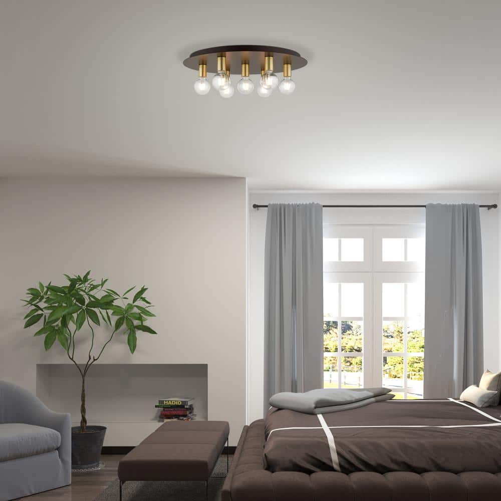 Hillview Transitional Bronze & Satin Brass 7-Light Flush Mount