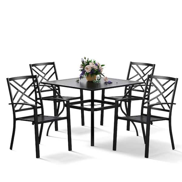 Bigroof Patio Dining Set Black 5-Pieces 37 in. Metal Square Table with 1.57 in. Umbrella Hole and Stackable Chairs for Backyard