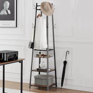 Industrial Coat Rack Freestanding, Brown-3 Clothes Stand with Metal Basket and 2-Shelves, Purse Hanger with 8-Dual Hooks