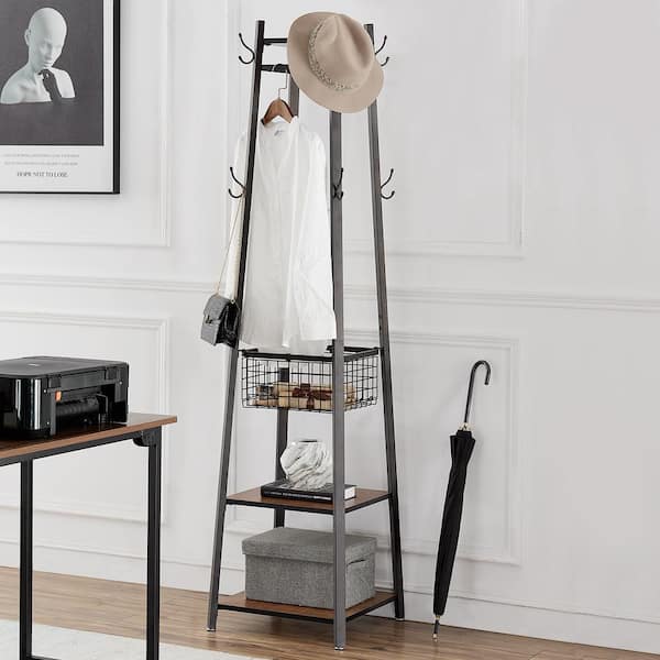 Industrial Coat Rack Freestanding, Brown-3 Clothes Stand with Metal Basket and 2-Shelves, Purse Hanger with 8-Dual Hooks