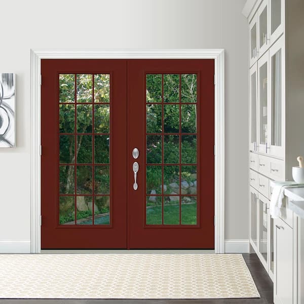 72 in. x 80 in. Mesa Red Painted Steel Left-Hand Inswing 15 Lite Glass Active/Stationary Patio Door