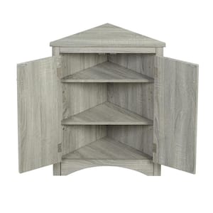 17 in. W x 17 in. D x 32 in. H Gray White Freestanding Linen Cabinet Triangle Bathroom Storage Cabinet Oak Adjust Shelf