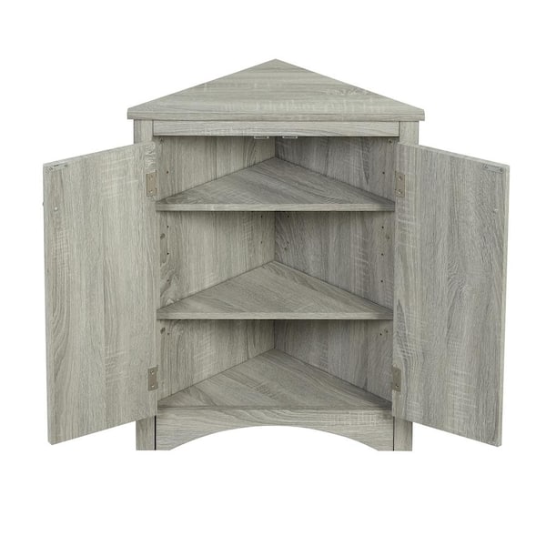 Tileon 17 in. W x 17 in. D x 32 in. H Gray White Freestanding Linen Cabinet Triangle Bathroom Storage Cabinet Oak Adjust Shelf