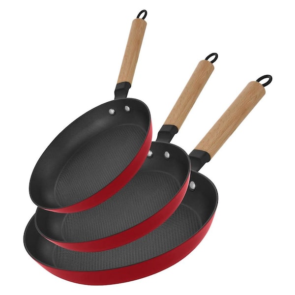 3-Piece Nonstick Ceramic Cast Iron Frying Pan Set with Removable Wooden Handle Dishwasher Safe All Stovetops