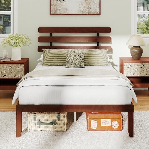 Brown Wood Frame Full Size Platform Bed with Retro Headboard and Under-Bed Storage Space