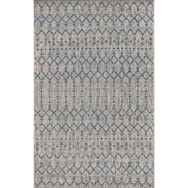 Photo 1 of (READ NOTES) Ourika Moroccan Light Gray/Navy 9'' in. x 10' ft. Geometric Textured Weave Indoor/Outdoor Area Rug
