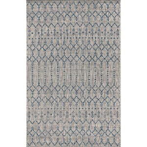 Ourika Moroccan Geometric Textured Weave Light Gray/Navy 9 ft. x 12 ft. Indoor/Outdoor Area Rug