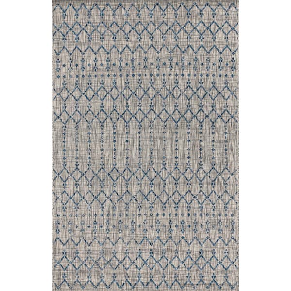 Ourika Moroccan Geometric Textured Weave Light Gray/Navy 9 ft. x 12 ft. Indoor/Outdoor Area Rug