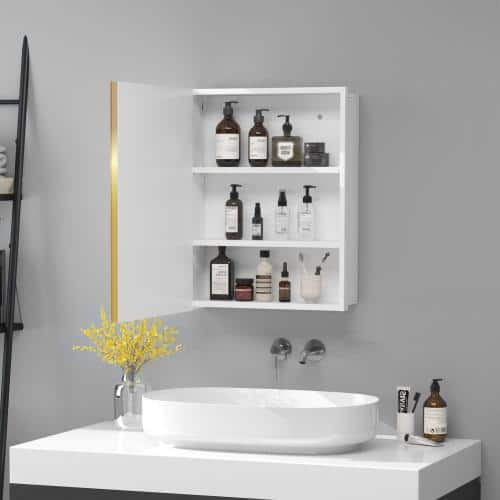 Aoibox 16 in. W x 28 in. H Rectangular Metal Medicine Cabinet with Mirror in Gold White for Bathroom