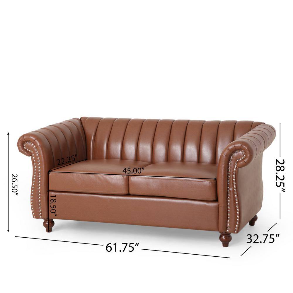 Cognac Brown Faux Leather Loveseat with Espresso Wood Accents