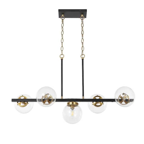 MLiAN 5-Light Black Modern Linear Chandelier Kitchen Island Pendant Light with Clear Glass Shade