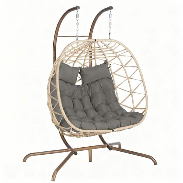2-Person Egg Wicker Patio Swing Hammock Chair, Light Yellow Frame, Steel with Dark Gray Cushions