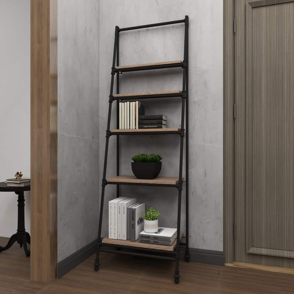 72" Black Metal and Pine Wood 5-Tier Ladder Shelf