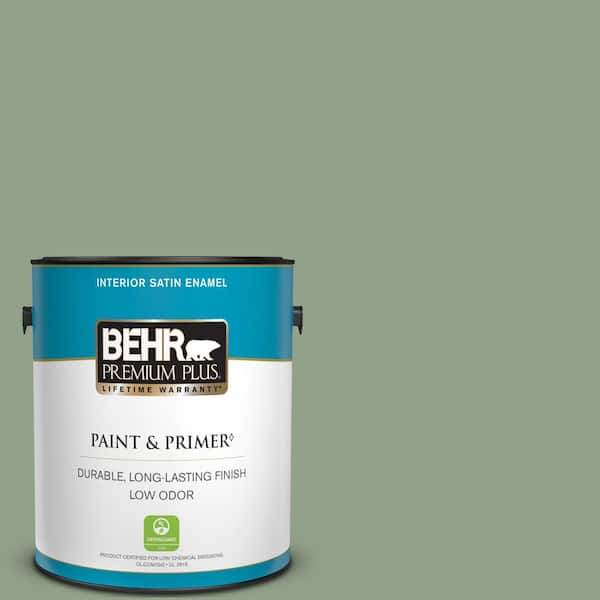 BEHR PREMIUM PLUS 1 gal. #440F-4 Athenian Green Satin Enamel Low Odor Interior Paint & Primer