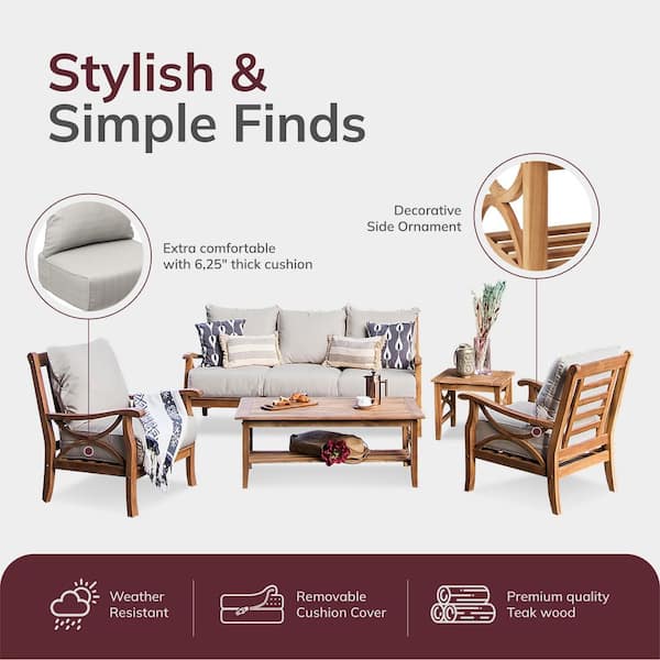 Cambridge Casual Kinsley 5-Piece Premium Indonesia Teak Wood Patio Conversation Set with Gray Cushion - image 4