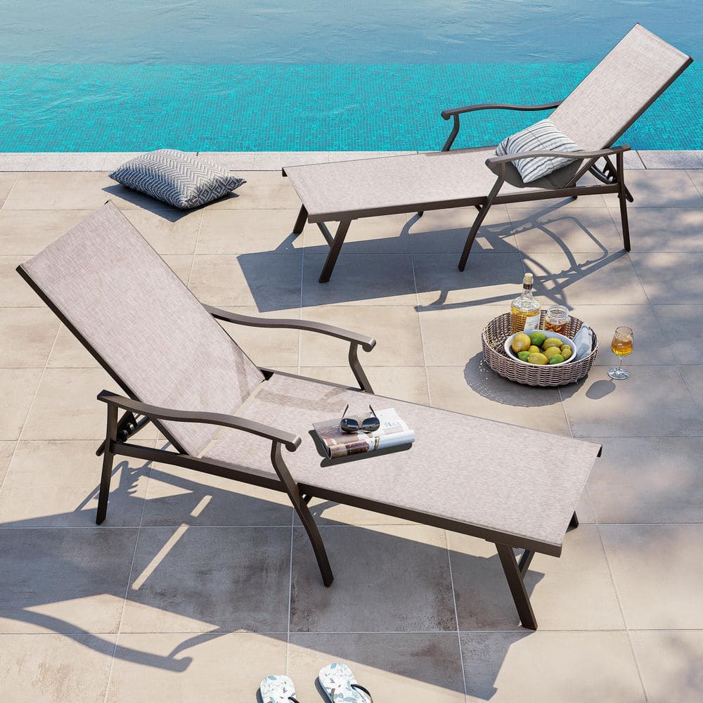 Crestlive Products 2-Piece Aluminum Outdoor Chaise Lounge with Armrests and 5-Position Adjustable Backrest Textilene in Light Sandstone CL-LG008BLU-2PC
