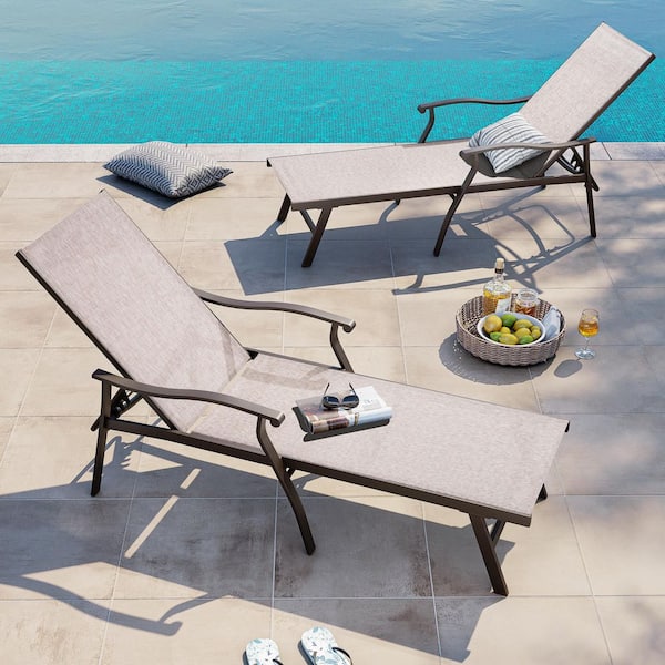 2-Piece Aluminum Outdoor Chaise Lounge with Armrests and 5-Position Adjustable Backrest Textilene in Light Sandstone